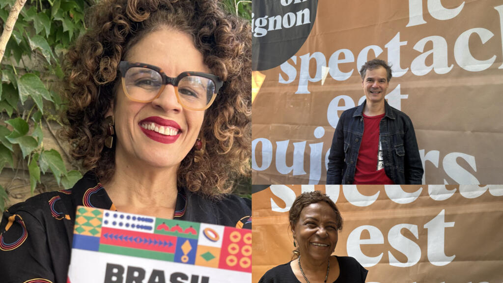 Maria Marighella (esq), presidente da Funarte, o ator Antônio Interlandi e a artista, poeta e pensadora do teatro brasileiro, Leda Maria Martins, no Festival de Avignon de 2025.