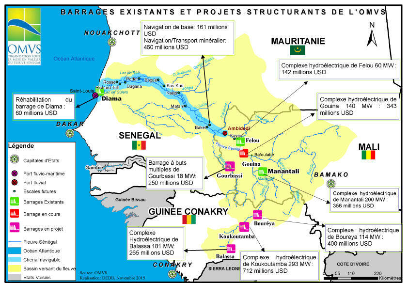 Les barrages existants et les futurs projets de l’Organisation pour la mise en valeur du fleuve Sénégal (OMVS).