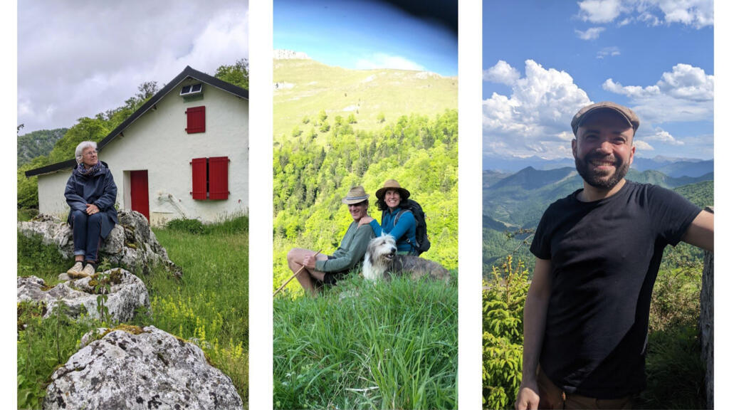 De gauche à droite, Maddi Oheinart, chanteuse souletine et collecteuse de basa ahaide, Fabrice et Maialen Jaragoyen, éleveurs de brebis bio à Ordiarp et Julen Achiary, chanteur souletin de basa ahaide, membre du quartet Haratago.