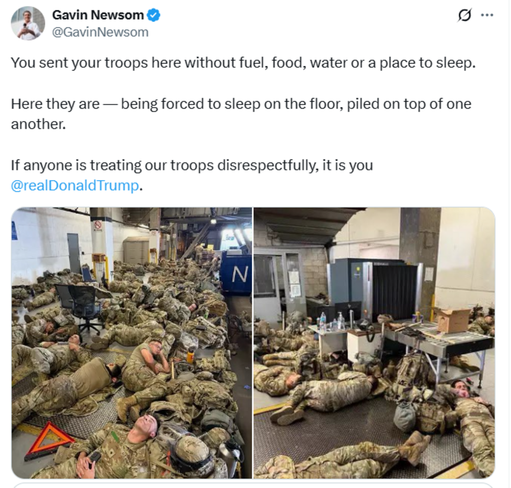 Post du gouverneur de Californie s'appuyant sur des photos publiées dans la presse.