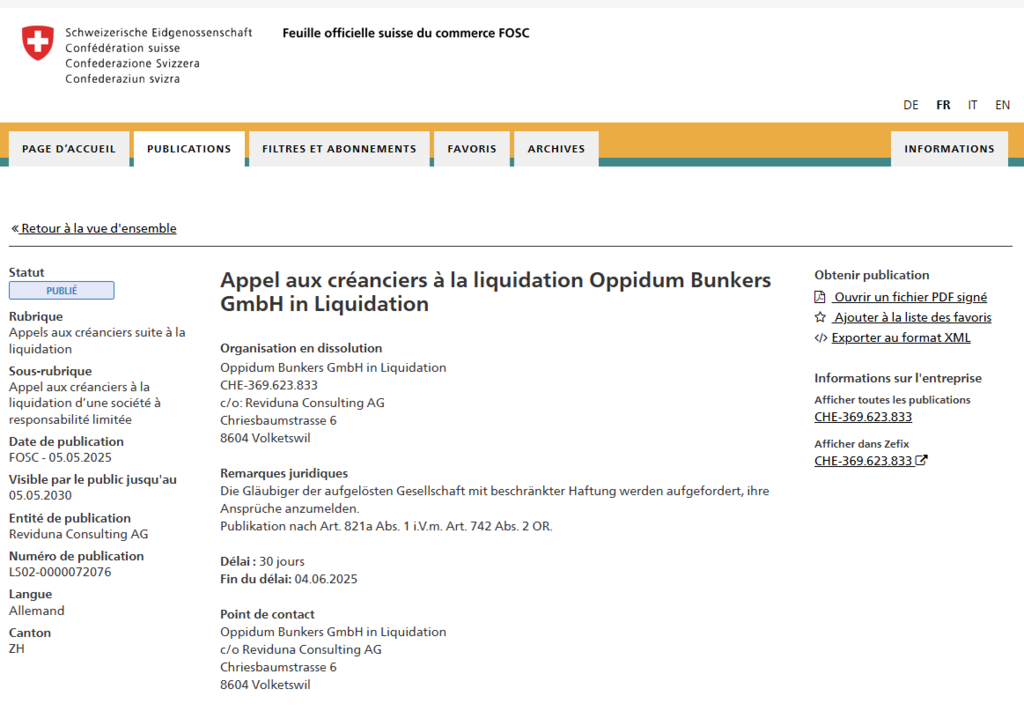 Cet extrait du registre commercial suisse apporte la preuve que l'entreprise dont il est question dans l'Infox, n'existe plus.