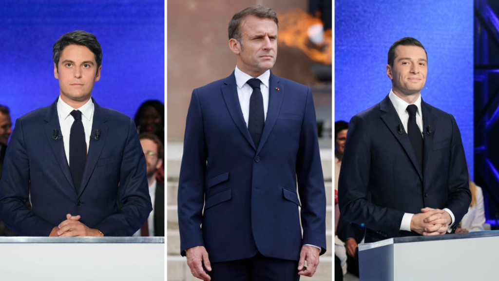 Da esquerda para direita, o primeiro-ministro francês Gabriel Attal, da maioria presidencial, o presidente francês, Emmanuel Macron, e Jordan Bardella, presidente do Reunião Nacional (RN, extrema direita).