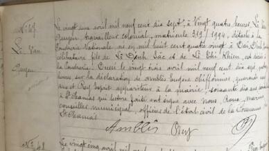 Le Van Quyen, một người lính thợ Đông Dương qua đời ở Saint-Chamas, ghi trong Sổ hộ tịch của thành phố Saint-Chamas. Ảnh chụp ngày 09/08/2021.