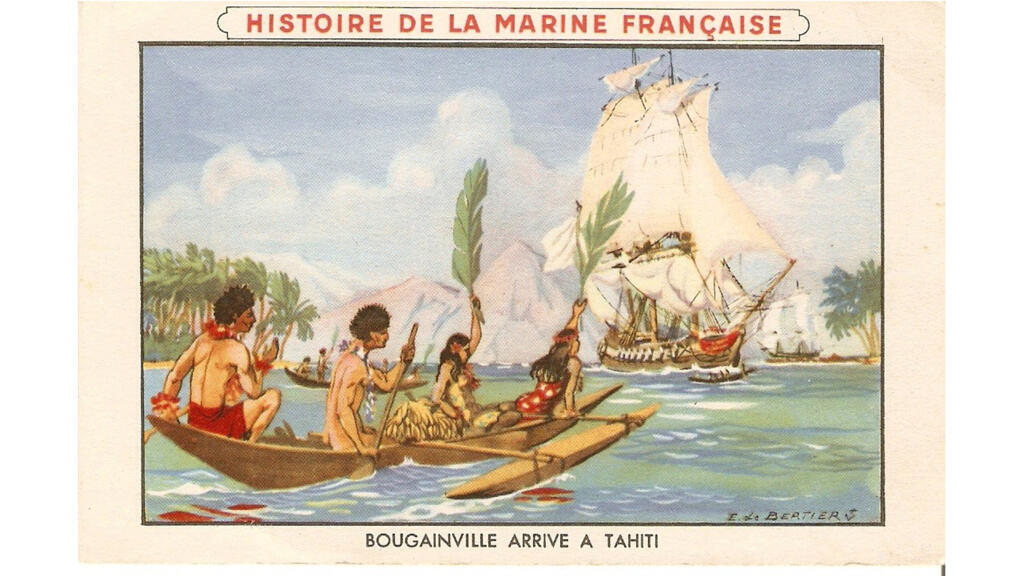 La naïveté de cette représentation de l'arrivée de Bougainville en 1768 à Tahiti tranche avec la réalité, violente et complexe, des premiers contacts entre Européens et Polynésiens. Le Tahitien Ahutoru sera le premier à aller au devant de l'équipage français.
