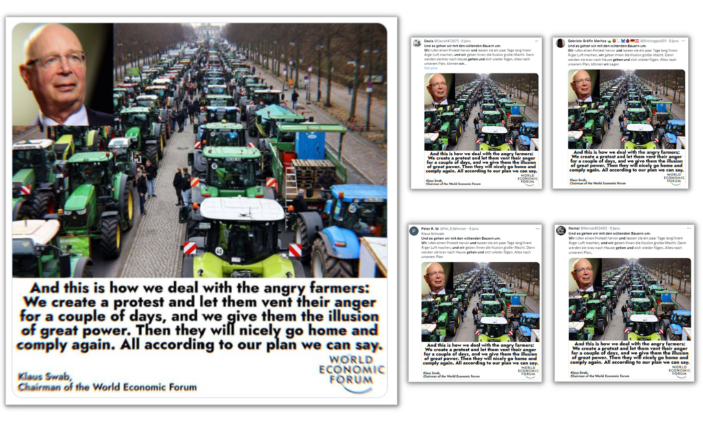 Ce visuel, comportant une citation fabriquée de Klaus Schwab, circule sur les réseaux sociaux.
