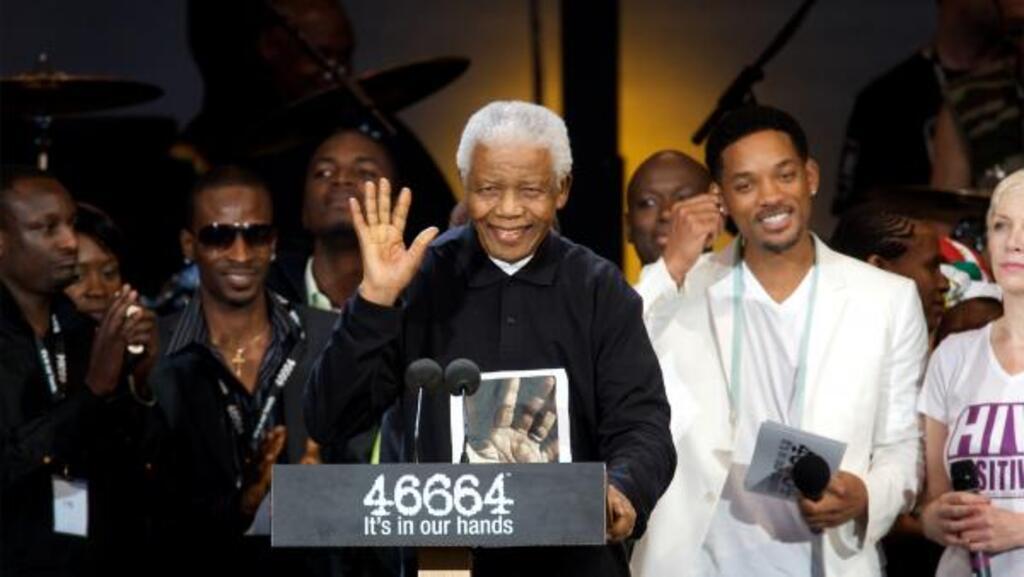 Nelson Mandela lors du Concert «46664», pour son 90ème anniversaire, à Hyde Park (Londres), le 27 juin 2008.