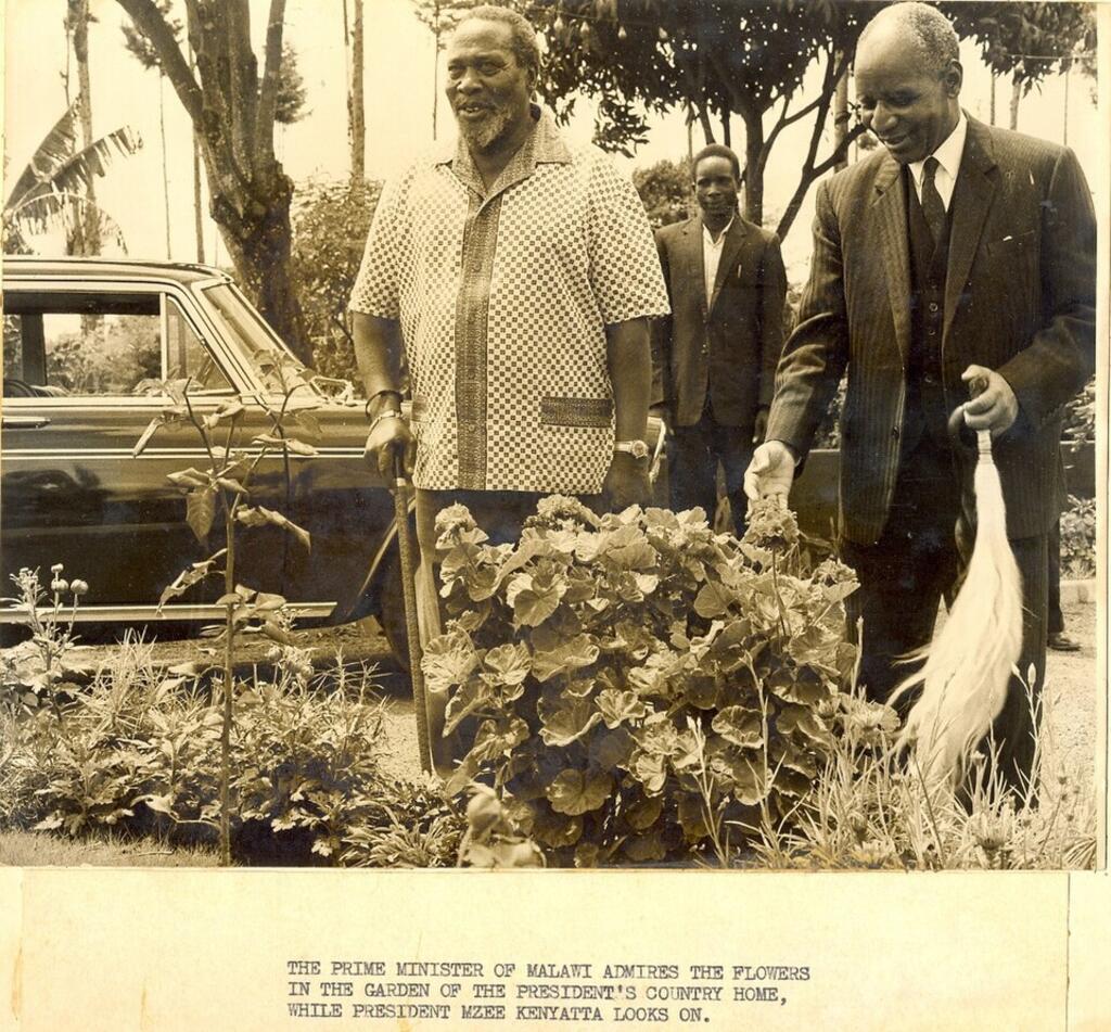 Hastings Kamuzu Banda à droite avec son fouet et Jomo Kenyatta, à gauche. Cette photo est sous licence Creative Commons Attribution-Share Alike 4.0 International