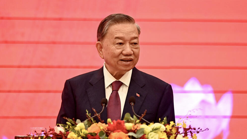 General Secretary of the Communist Party of Vietnam and President To Lam speaks during a press conference at the National Convention Center in Hanoi on August 3, 2024.