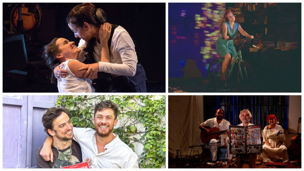 Atrizes, atores, técnicos, diretores e produtores do teatro brasileiro se reinventam durante a pandemia no formato streaming. Na foto,Débora Falabella e Yara de Novaes no espetáculo "Neste Mundo Louco Nesta Noite Brilhante"; Alessandra Negrini em "A Árvore"; o autor Giovani Tozi e o ator Leonardo Miggiorin da peça "Não se mate", e o ator Gero Camilo (centro) e elenco na peça "A Procissão".