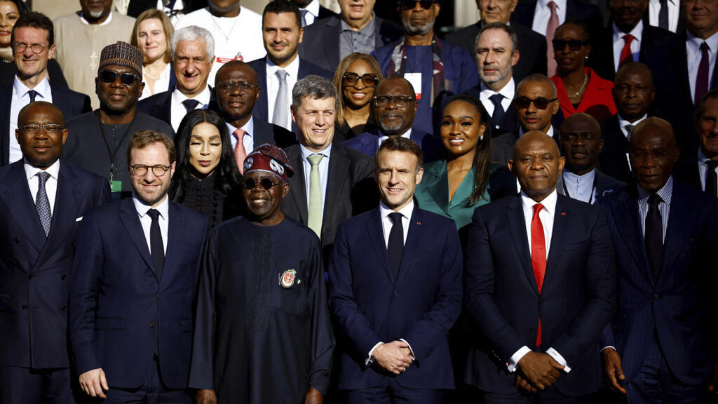 Nigerian President Bola Tinubu with French President Emmanuel Macron, French Economy, Finance and Industry Minister Antoine Armand, and Tony Elumelu, President de United Bank for Africa (UBA), during the meeting of the France-Nigeria Business Council at the Hotel Marigny in Paris.
