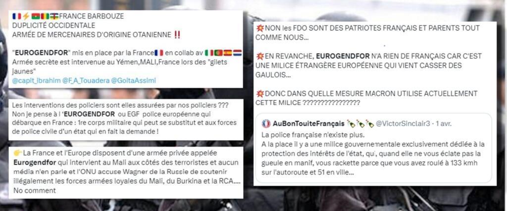 Exemples d'infox circulant autour d'Eurogendfor sur les réseaux sociaux.