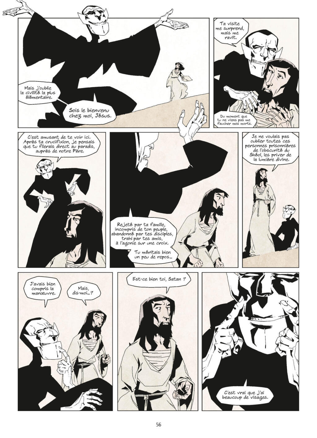 La page 56 de l’album présente une partie du premier dialogue entre Jésus et Satan.