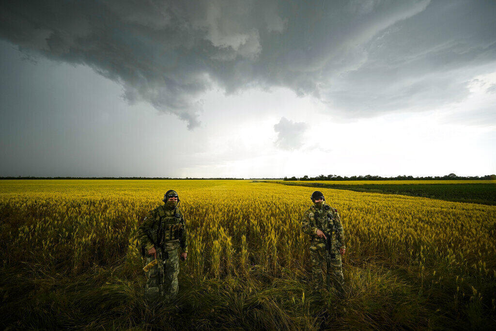 Soldados russos controlam área próxima a um campo de trigo na região de Zaporizhzhi, Ucrânia. (14/06/2022)