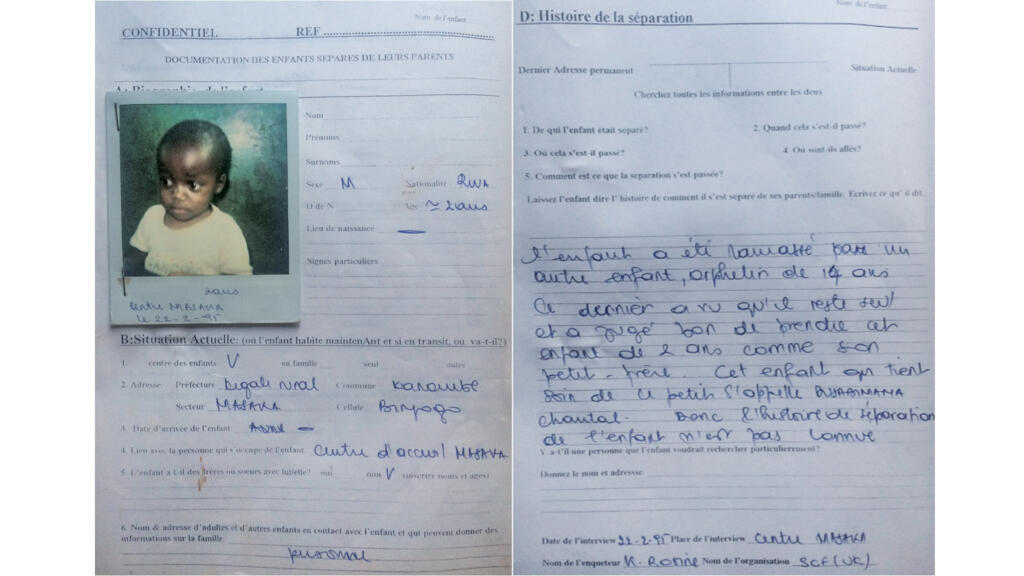 Formulaire de renseignement sur les « enfants non accompagnés », 22 février 1995.