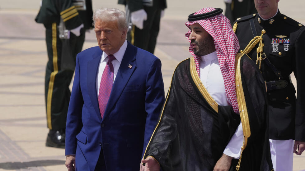 President Donald Trump speaks with Saudi Crown Prince Mohammed bin Salman during an arrival ceremony at the Royal Terminal of King Khalid International Airport in Riyadh, Saudi Arabia, Tuesday, May 13