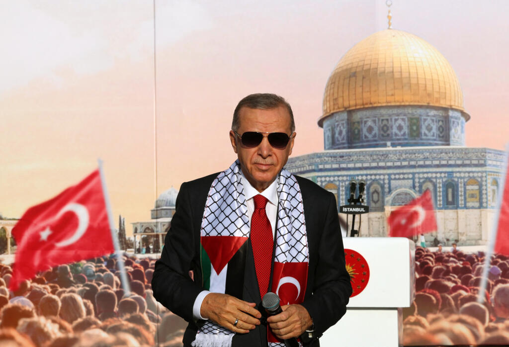 Turkish President Tayyip Erdogan at a rally in Istanbul organised by the AKP party in solidarity with Palestinians in Gaza, on October 28, 2023.