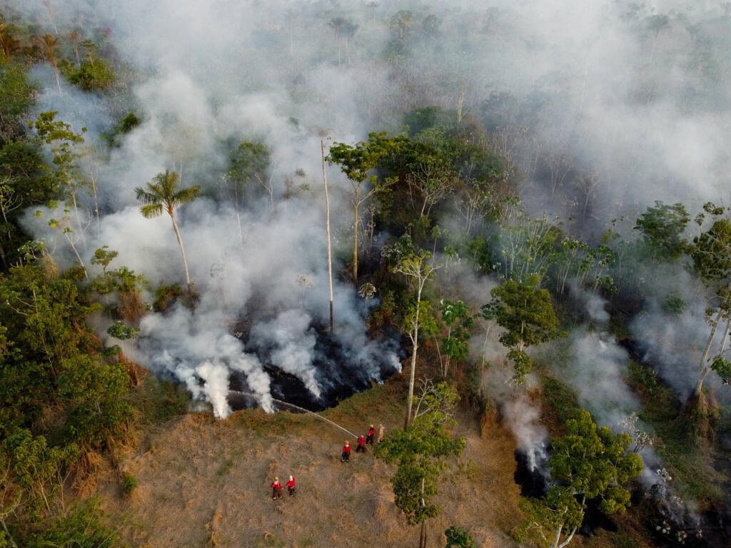 Bombeiros tentam apagar um incêndio ilegal em uma área florestal no distrito de Cacau Pirera, em Iranduba, no Amazonas. (25 de setembro de 2023). O governo do Amazonas declarou Estado de Emergência Ambiental em 12 de setembro devido ao alto número de incêndios e à forte seca nos rios, afetando a navegação e a distribuição de alimentos para o interior do estado.