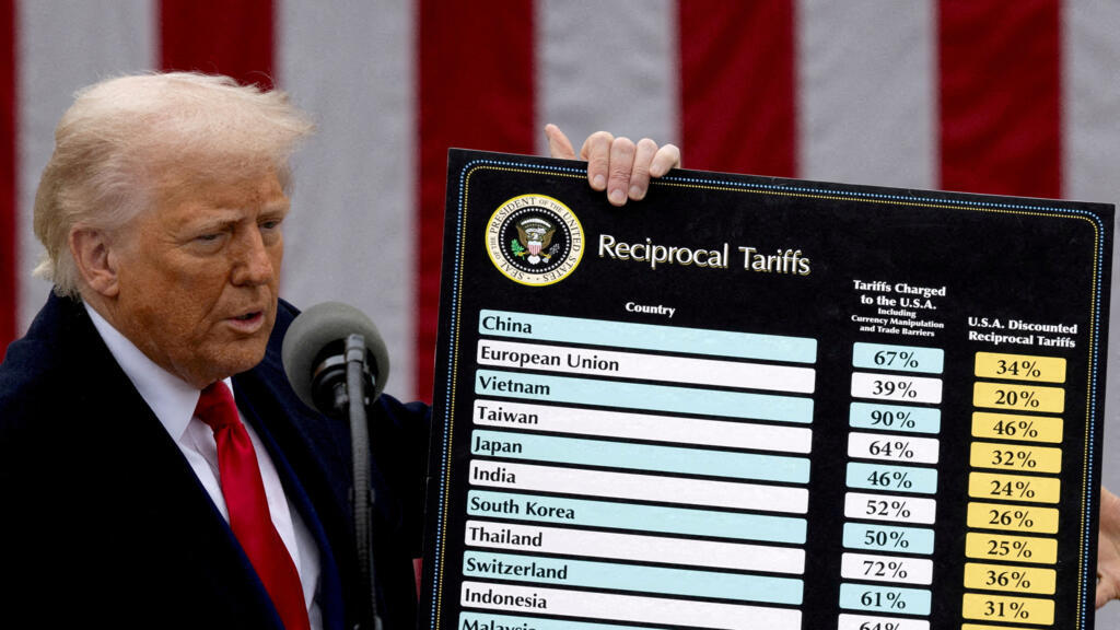 Foto de arquivo do 2 de abril de 2025. O presidente dos EUA, Donald Trump, faz comentários sobre tarifas no Salão Rosa da Casa Branca em Washington, D.C., EUA.