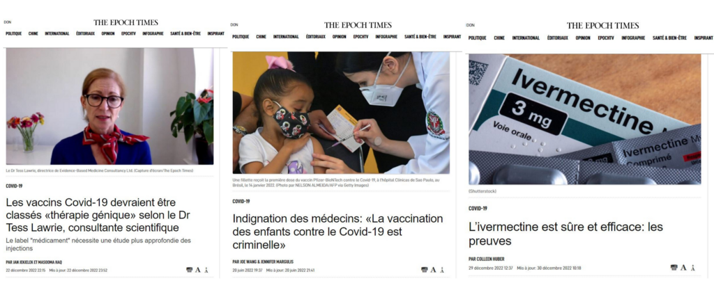 Exemples d’articles à charge contre la vaccination et présentant des fausses informations.