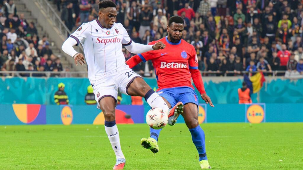 Mamadou Thiam si Jhon Lucumi in meciul de fotbal dintre FCSB si Bologna FC, contand pentru Europa League, desfasurat la Arena Nationala din Bucuresti, joi 23 octombrie 2025.