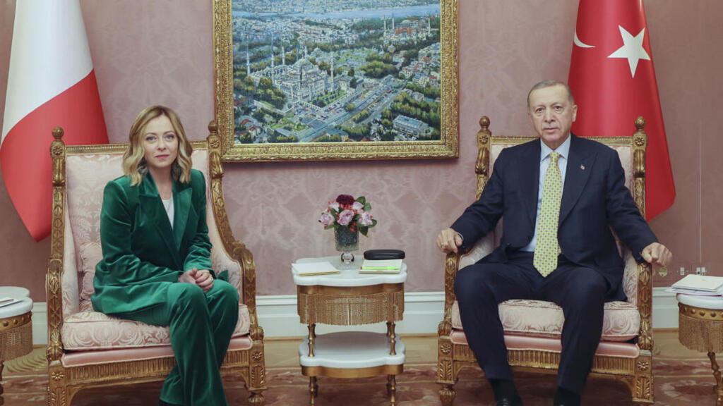 urkey's President Recep Tayyip Erdogan, right, poses for a photo with Italian Premier Giorgia Meloni, during their meeting, in Istanbul, Turkey, Saturday, Jan. 20, 2024