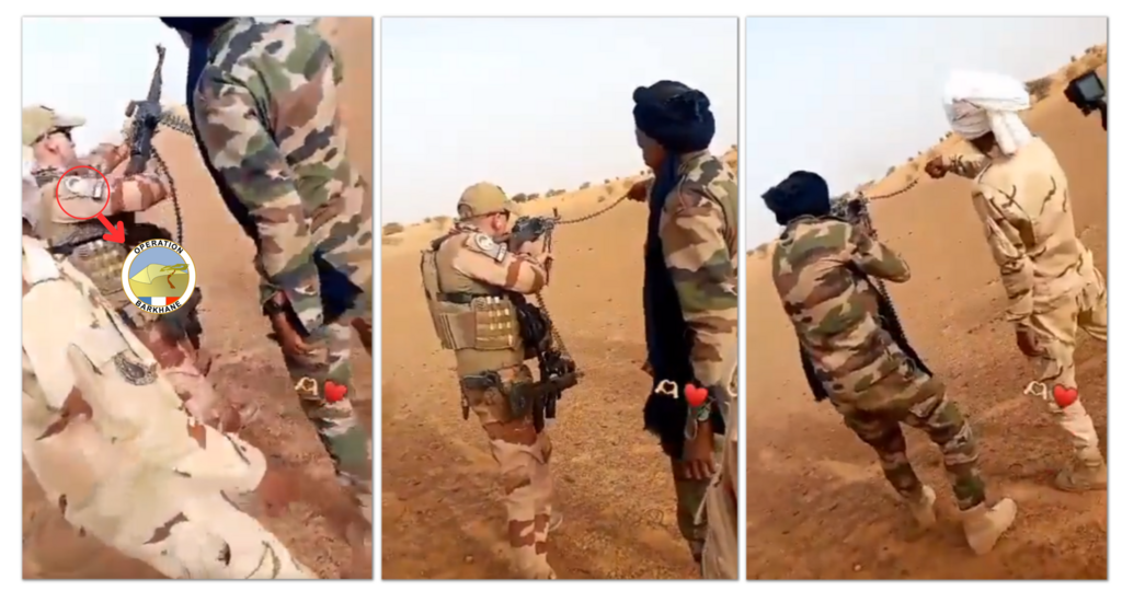Les images montrent un soldat français puis un homme en tenue militaire, s'entraîner à tirer avec une mitrailleuse type PKM.