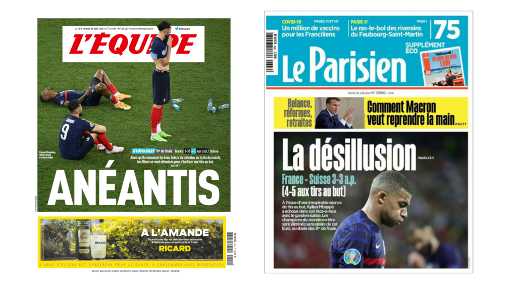 Les Unes des quotidiens L'Equipe et Le Parisien, du mardi 29 juin 2021.