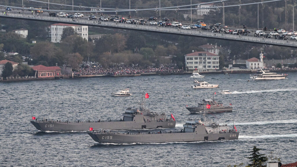 Turkish naval forces take part in a military naval parade on the Bosphorus to mark 100 years of the Turkish Republic in 2023.