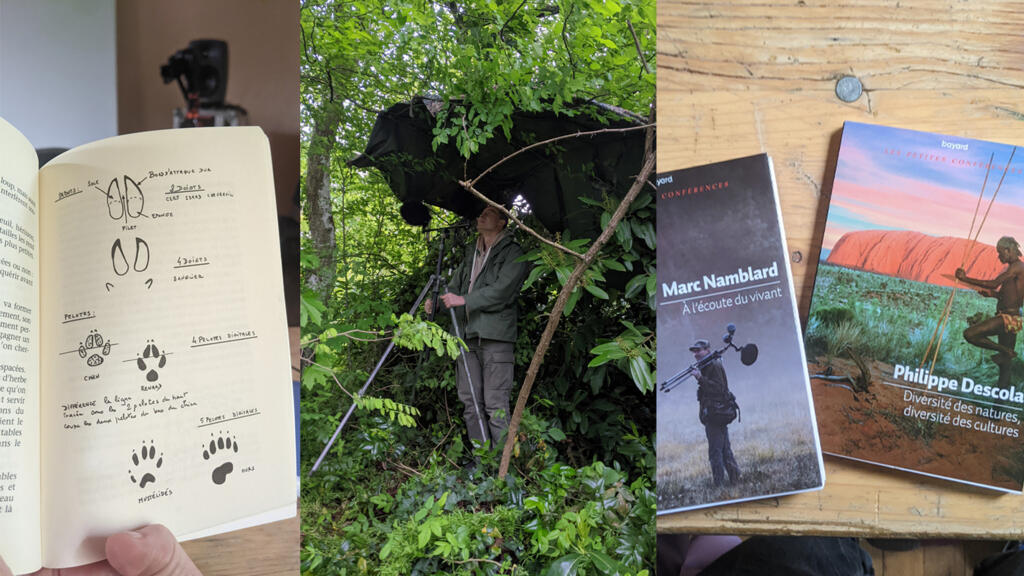 De gauche à droite : Initiation au pistage selon Marc Namblard ;
Marc Namblard installe un piège à sons et les livres de Marc Namblard et de celui qui l'inspire, l'anthropologue Philippe Descola.