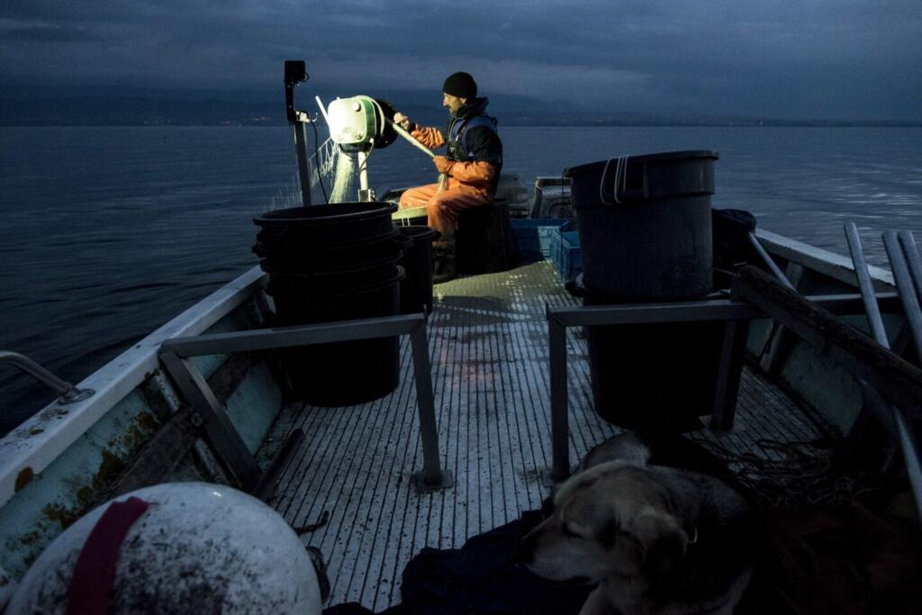 Le pêcheur français Vincent Coly remonte ses pics - le nom local des filets - sur sa barque, un matin de juillet 2022.