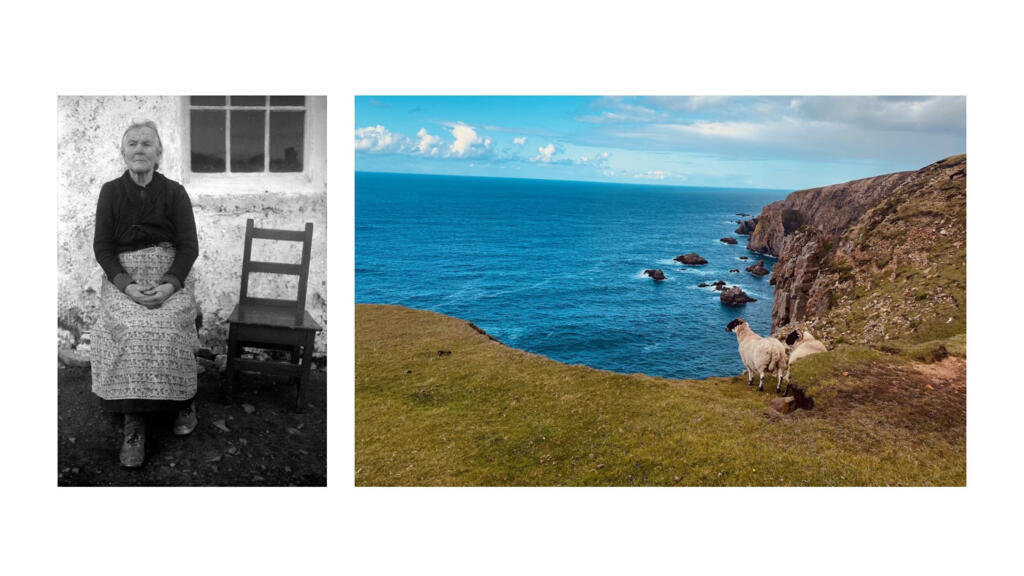 À gauche, Róise devant sa maison en 1953. À droite, une vue d’Árainn Mhór, dans le Donegal, au nord-ouest de l’Irlande.