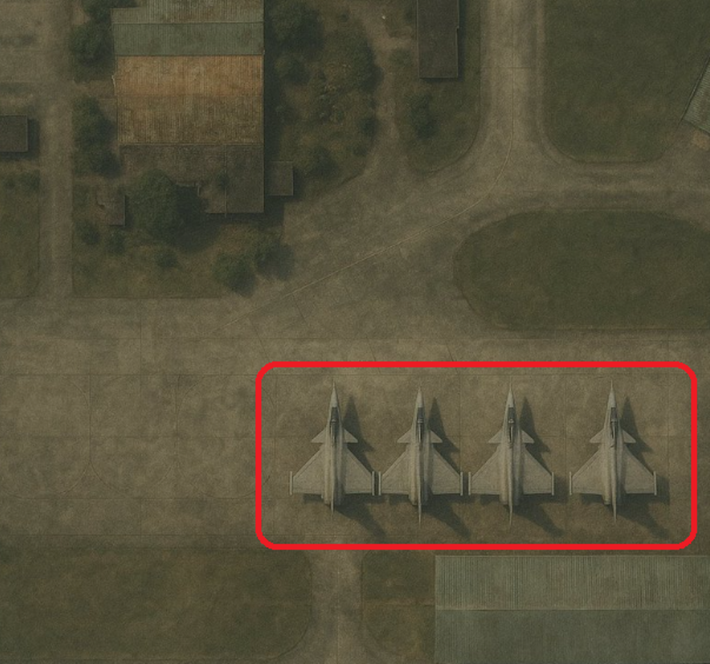 De faux avions de chasse Rafale collés sur une image de manière à faire croire à des préparatifs de guerre. Il s'agit d'une infox.