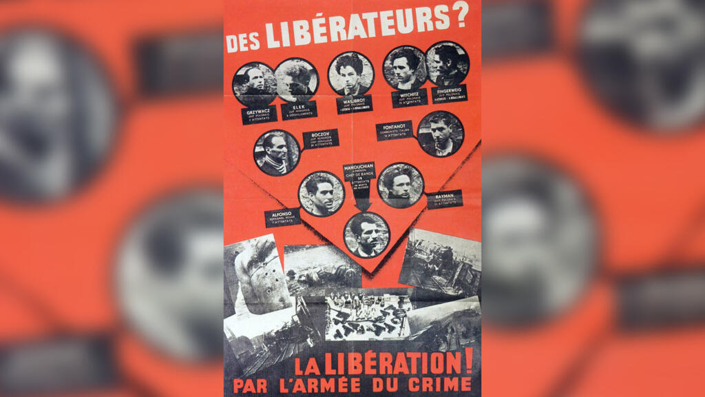 Sur «L'Affiche rouge» de la propagande de Vichy, les portraits de dix résistants parmi les vingt-trois qui allaient être condamnés à mort et fusillés, au mont Valérien le 21 février 1944.