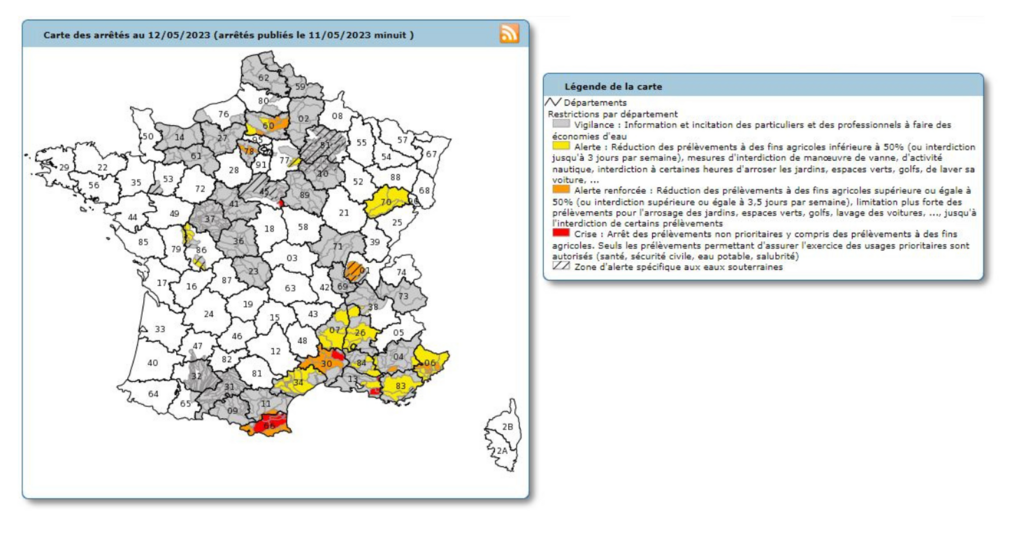 La carte indiquant les arrêtés liés à l'eau en France, à la date du 12 mai 2023.