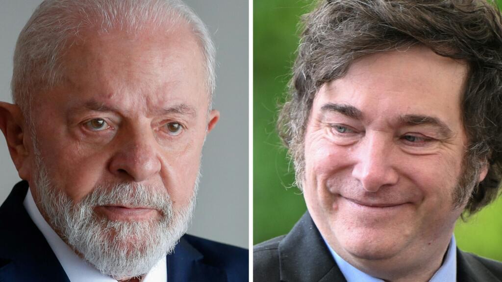 O presidente brasileiro Luiz Inácio Lula da Silva (à esq.) e o presidente argentino Javier Milei. Fotomontagem