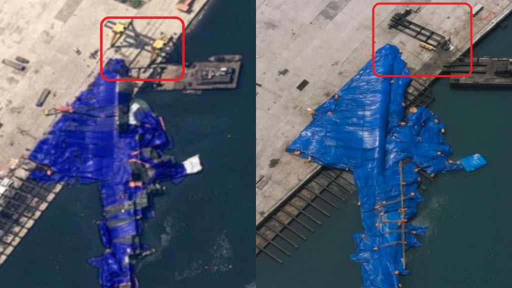 A gauche, une image satellite authentique du chantier naval de Chongjin après l'accident. A droite, la même scène a été reproduite mais l'extrapolation de l'IA a conduit à la modification de certains éléments.