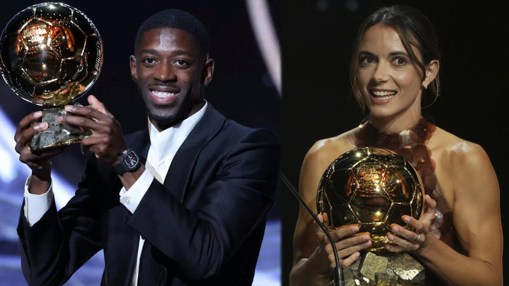 Les lauréats du Ballon d'Or 2025, Ousmane Dembélé et Aitana Bonmati, le 22 septembre 2025, au Théâtre du Chatelet à Paris.