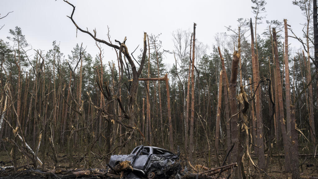 Les restes éventrés d'une voiture devant des arbres endommagés suite à une bataille entre les forces russes et ukrainiennes à la périphérie de Chernihiv en Ukraine, vendredi 22 avril 2022.