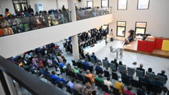 Vue générale montrant l'intérieur du nouveau palais de justice de Conakry le 28 septembre 2022 lors de l'ouverture du procès des massacres du 28 septembre 2009.