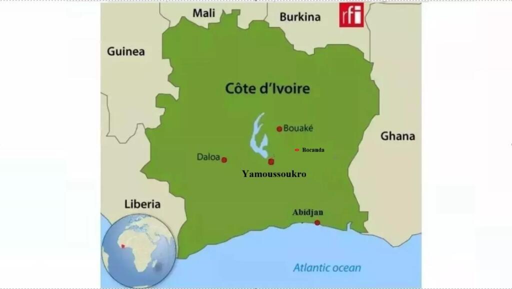存档地图 / 非洲国家科特迪瓦及其首都亚穆苏克罗（Yamoussoukro）与经济中心阿比让（Abidjan），以及博康达（Bocanda）。
Carte archive / Afrique - Côte d'Ivoire et sa capitale Yamoussoukro et la ville économique Abidjan. Il y a la situation géographique de Bocanda.