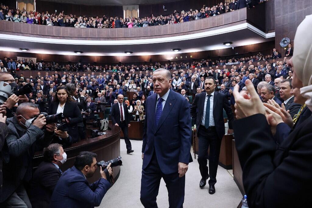 Turkish President Recep Tayyip Erdogan attends his party's group meeting at the Turkish National Assembly in Ankara on 1 February 2023.