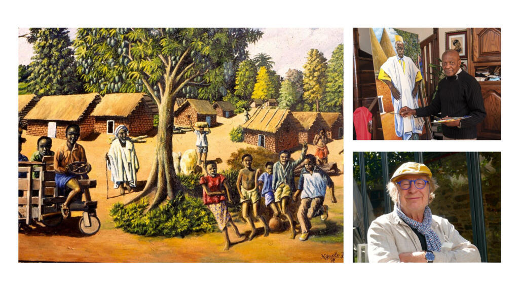 Une peinture de Boniface Magellan Nguelo représentant son enfance dans la chefferie de Bansoa au Cameroun. A droite Boniface Magellan Nguelo et Jean-Yves Loude.