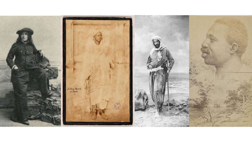 De gauche à droite, les explorateurs et exploratrices Octavie Coudreau, El Hadj Ahmed ben Mohammed El Fellati, Pierre Savorgnan de Brazza et Apatou.