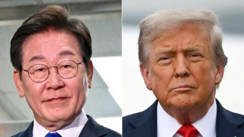 Le président sud-coréen Lee Jae-myung à Séoul le 4 juin 2025 et le président américain Donald Trump à Anchorage, en Alaska, le 15 août 2025.