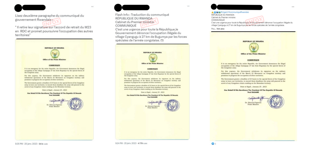 Exemples de posts Twitter et Facebook, relayant ce faux communiqué.