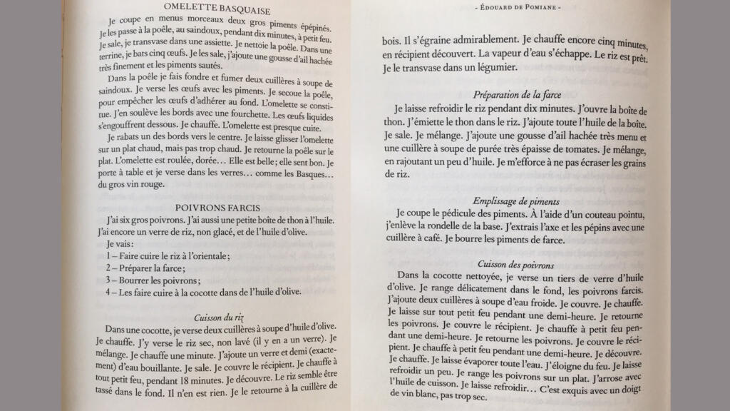 Recette omelette basquaise et poivrons farcis, d'Édouard de Pomiane, issue de «Radio Cuisine, tome 2».