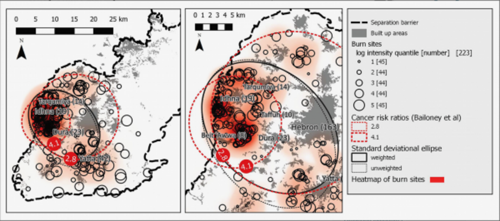 Comparaison spatiale de la zone cumulative des sites de «brûlage» et des zones d'augmentation du lymphome infantile. Étude de John-Michael Davis et de Yacoov Garb publiée dans l’«International Journal of Cancer».