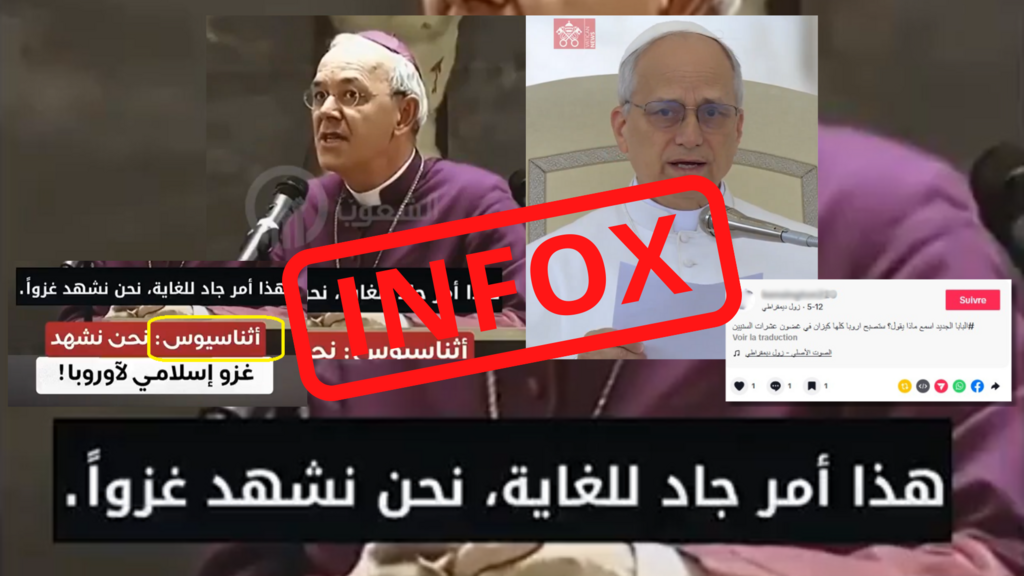 " C'est une affaire très sérieuse, nous sommes témoins d'une invasion" dit le bandeau en Arabe.C'est une Infox :  le Pape Léon XIV n'a jamais dit ça.