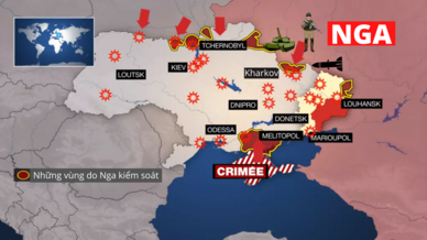 Hình ảnh minh họa các vụ tấn công của Nga vào Ukraina.
Những vùng màu đỏ đã bị quân đội Nga kiểm soát.
