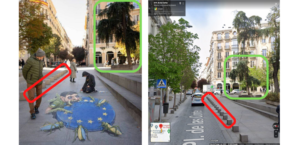 Le prétendu graffiti aurait été réalisé ici, le long de la Plaza de las Cortes, à Madrid.